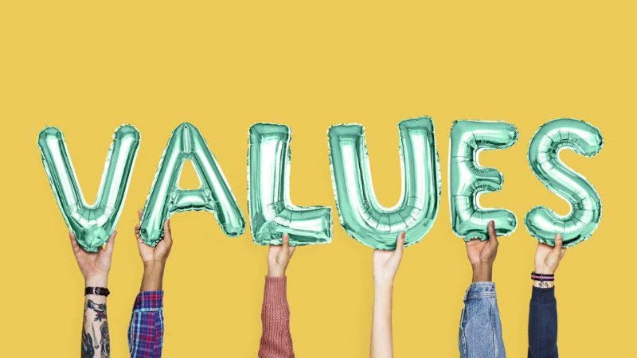 Hands holding balloons that spell Values