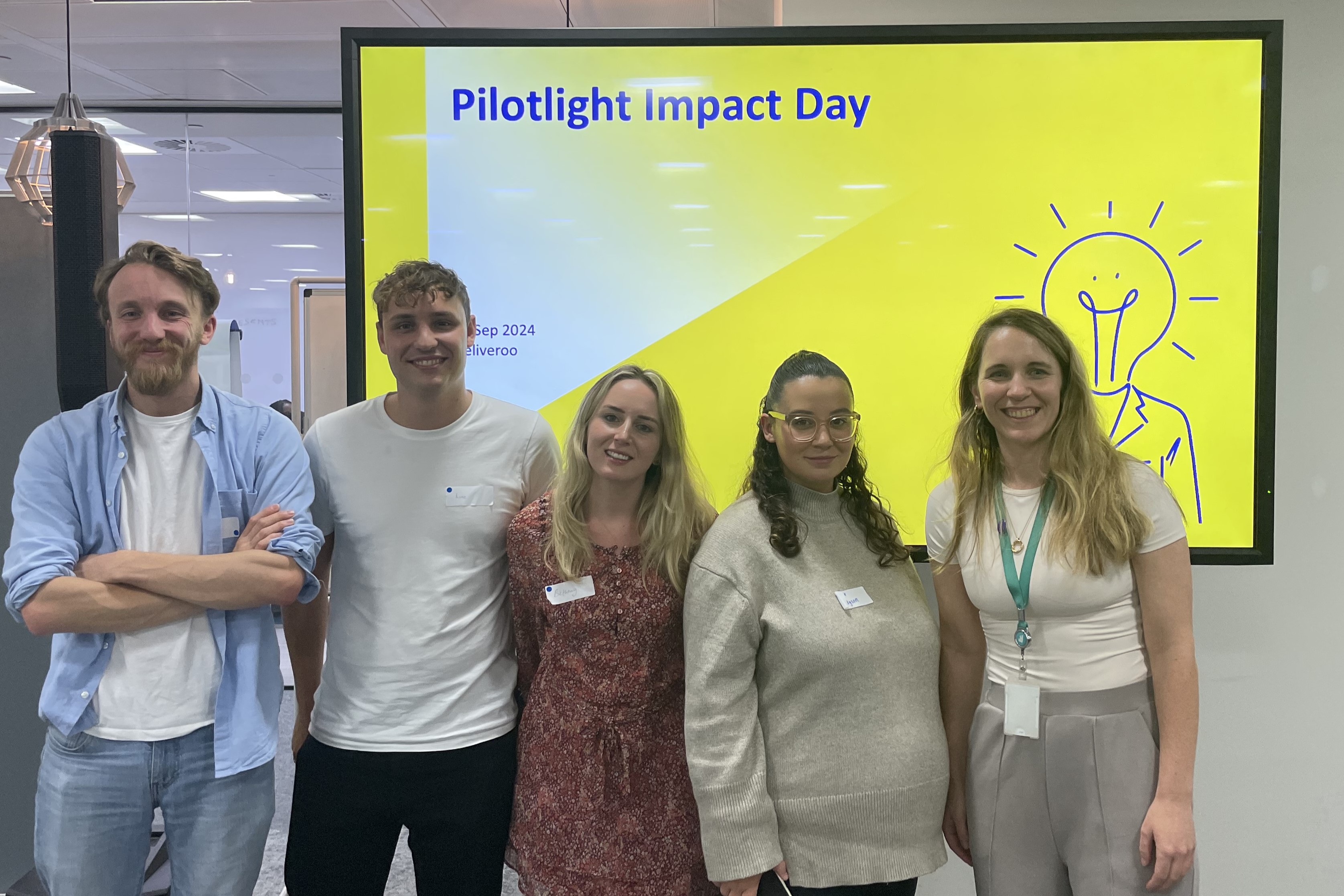 Five people standing in front of a presentation screen